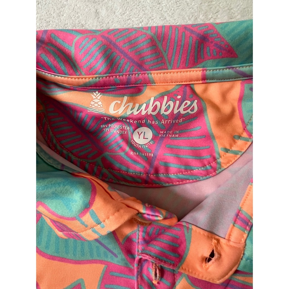Chubbies Polo Shirt Orange Tropical Leaf Performance Stretch Youth Large YL - Picture 2 of 5